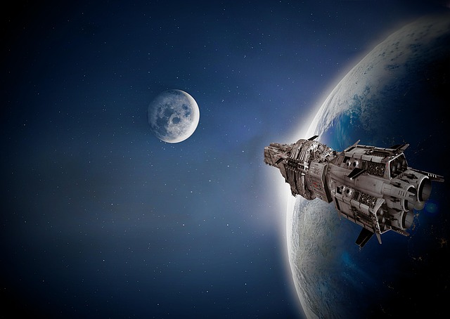 Astronave sci-fi tra le stelle, esplorazione spaziale